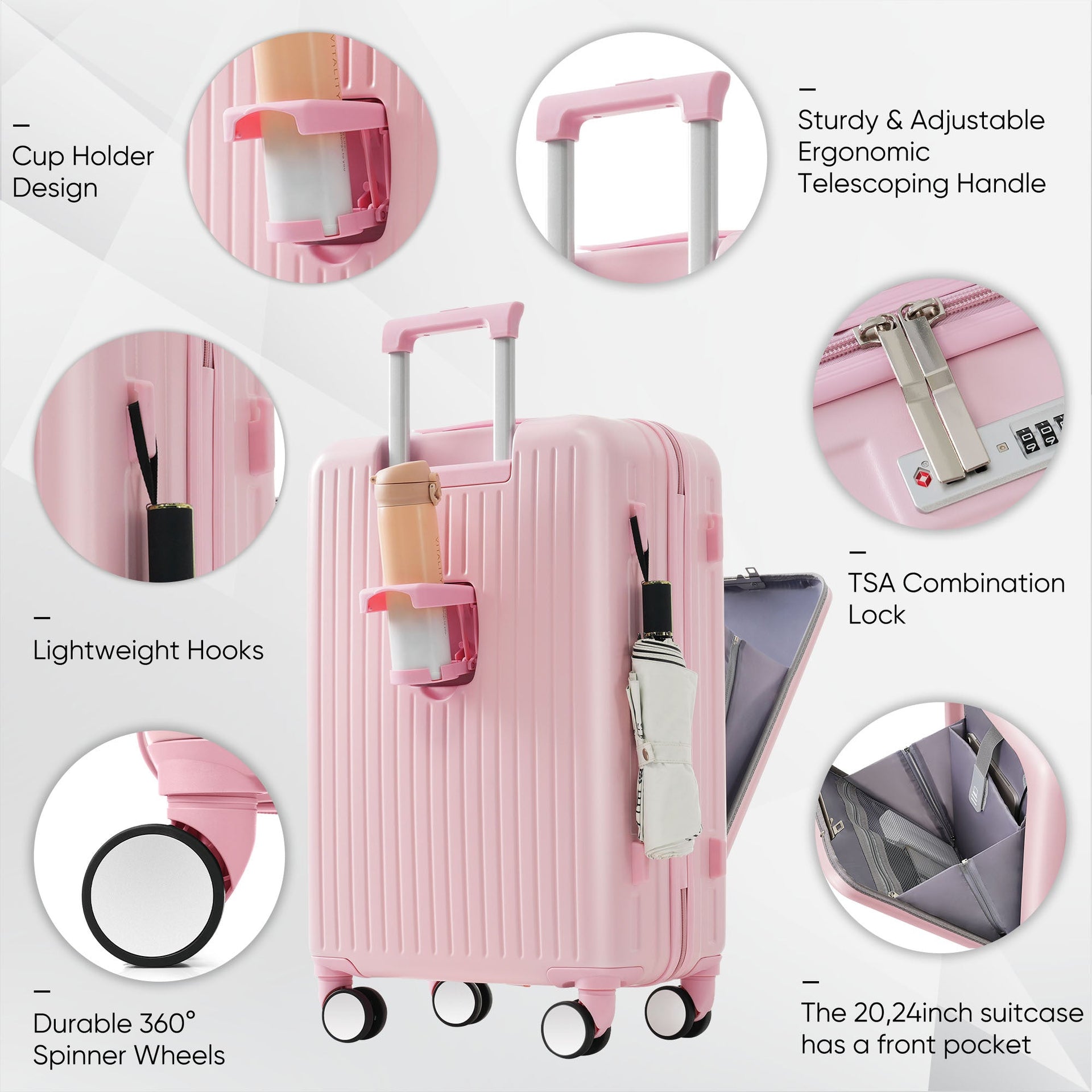Front Opening 20-Inch Carry-On Luggage with Expandable Travel Bag Set, ABS Hard Shell Two-piece suitcase set with USB Port , Cup Holder, pink