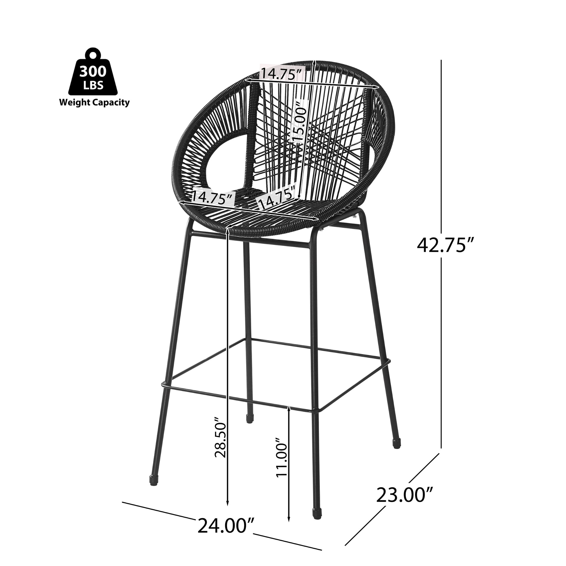 Ferrara Outdoor Patio Barstool Set of 2, Black Faux Wicker PE Rattan with Iron Frame