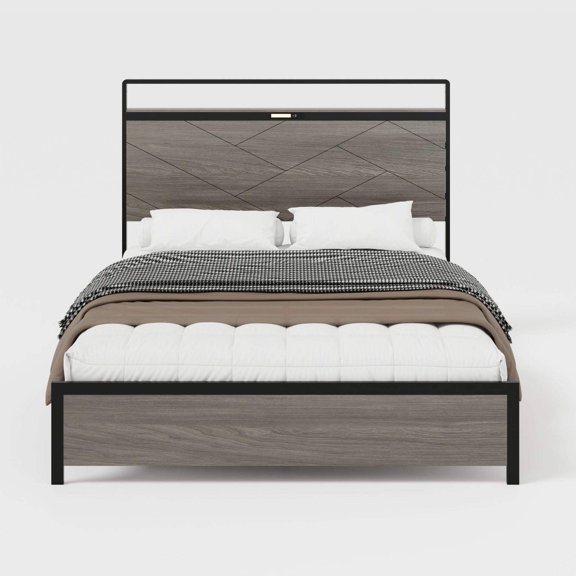 Bed frame full size, wooden platform bed frame with storage LED light headboard and 2 USB, no noise, no spring mattress required and simple assembly tools, large underbed storage, brown