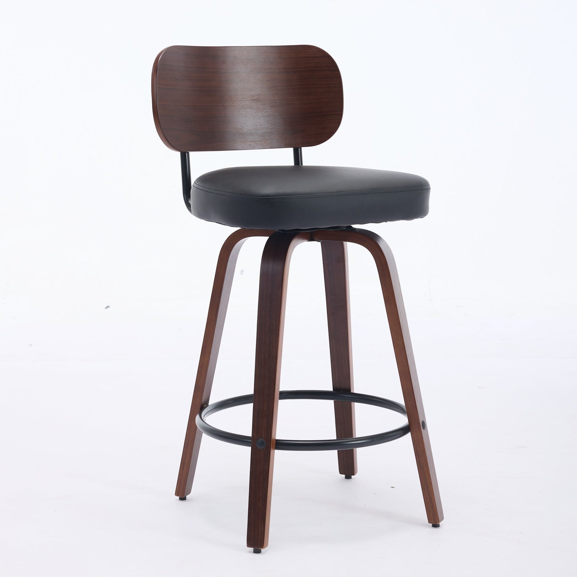 Swivel Bar Stools Set of 2, 26' Upholstered Faux Leather Counter Height Barstools with Walnut Back & Bentwood Legs, Mid Century Modern Bar Chairs Island Stools for Kitchen Counter, Black PU, SW1864BK