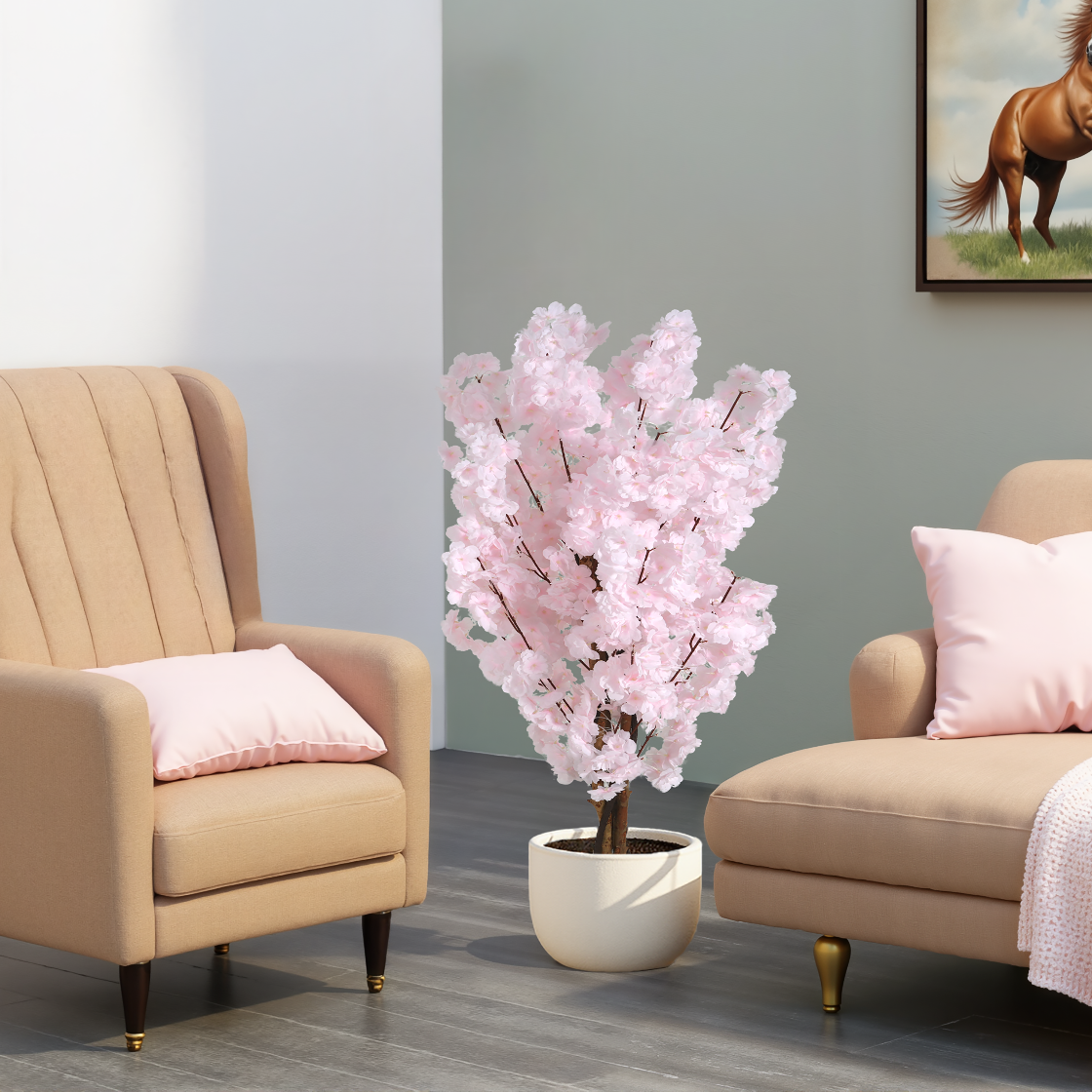 Living room with beige armchairs and a potted pink tree