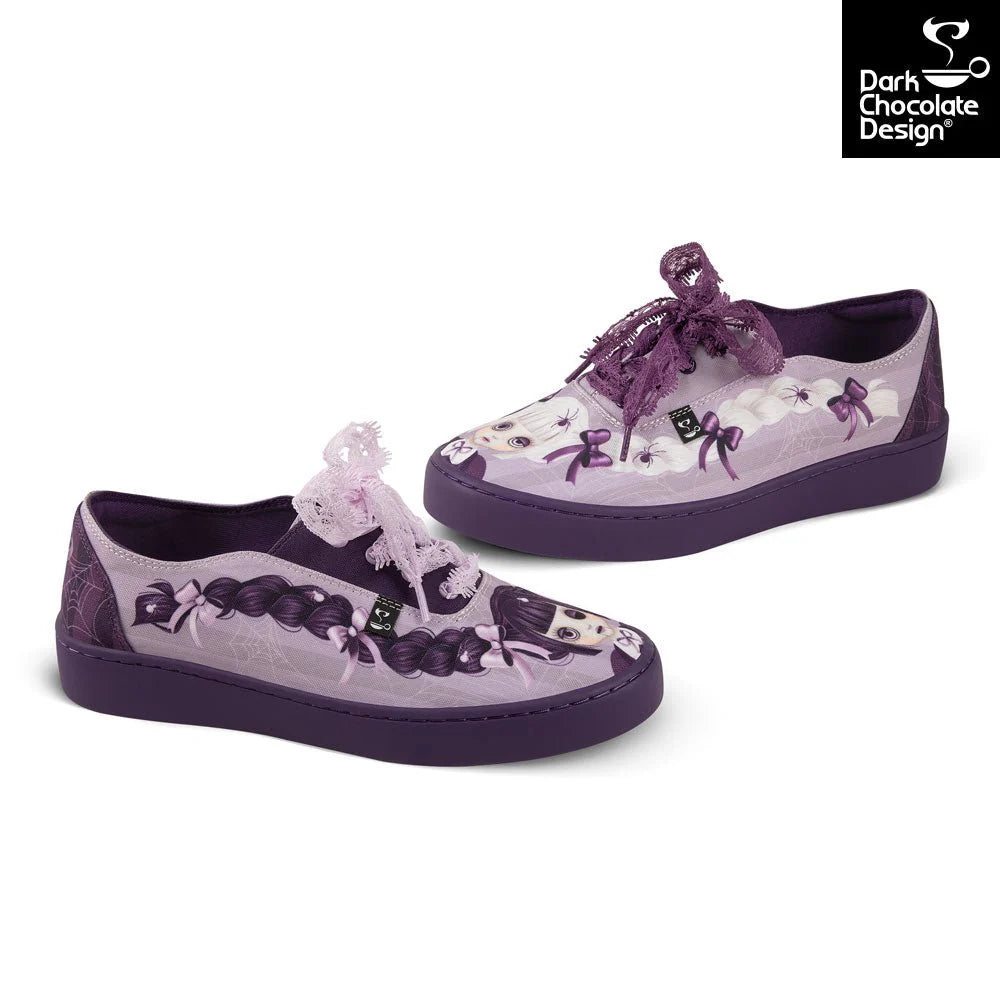 Pair of purple and white sneakers with decorative elements on a white background, featuring 'Dark Chocolate Design' logo.