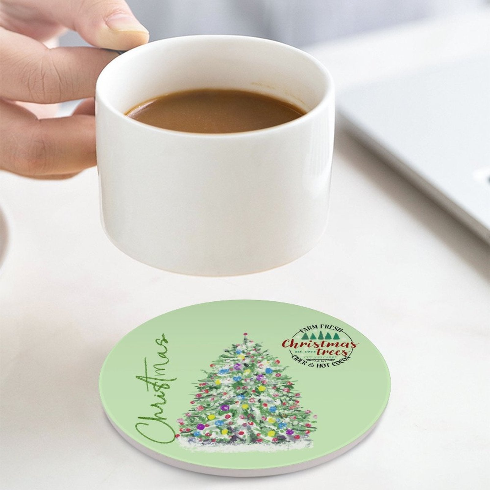 Christmas Cocoa Tree Farm Ceramic Coaster