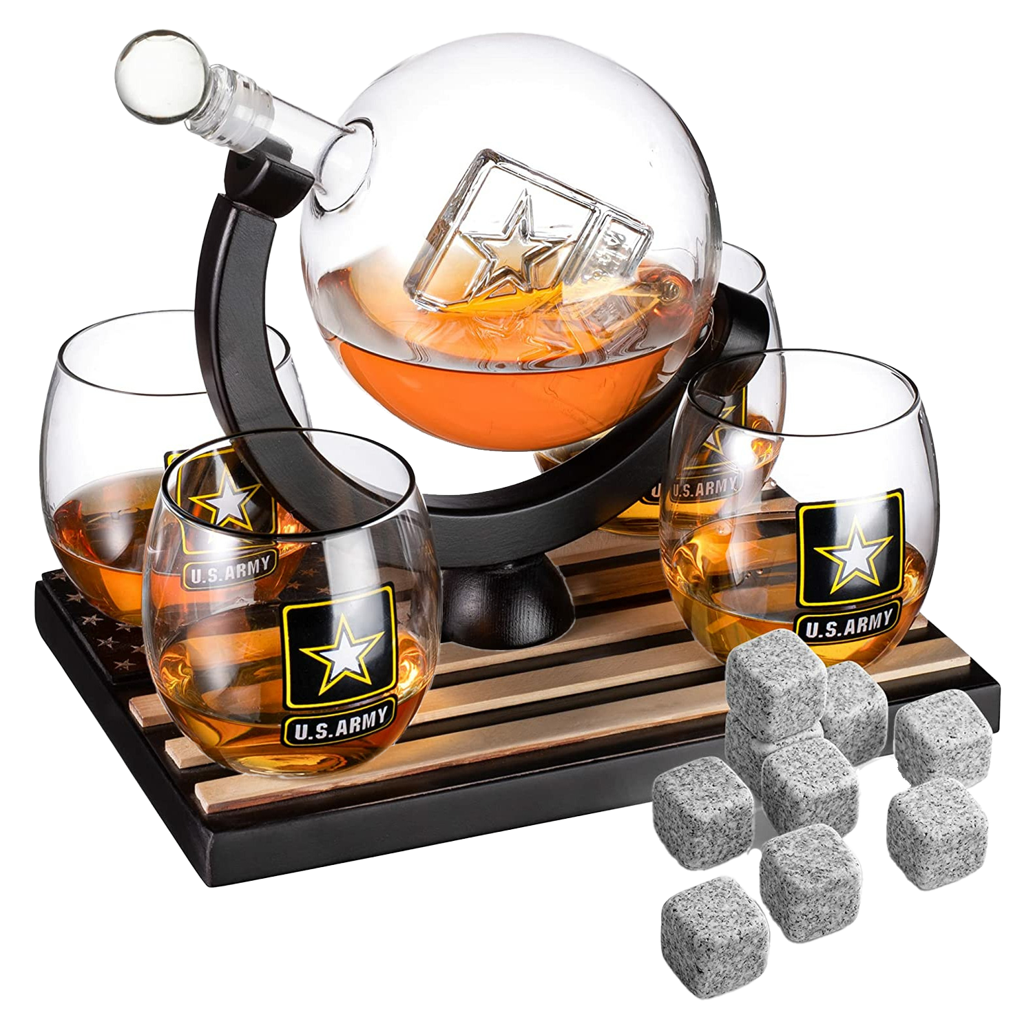 Army Globe Whiskey Decanter Set & 4 Liquor Glasses - Whisky Decanter & Glass Set with Wood Base and 9 Whiskey Stone - Father's Day US Army Licensed Gifts for Men - Bourbon Scotch Military Veteran Gift