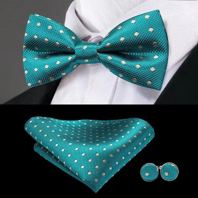 Classic Green Bow Ties Men Silk Butterfly Tie With Pocket Square And Cufflinks Set For Men Elegant Design Wedding Party Bowties Solid Color Gentleman Bow Tie And Pocket Square Cufflink Set