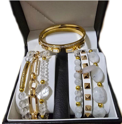 Clear Quartz and Moonstone Stacked Bracelet set