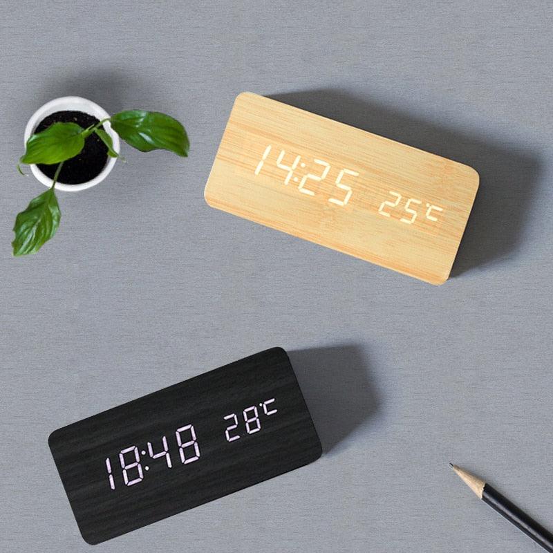 Clocks LED Wooden Alarm Clock Watch Wooden Wood Clock New Version LED Alarm Digital Desk Clock Adjustable Brightness, Alarm Time, Displays Time Date Temperature Table Voice Control Digital Wood Electronic Desktop Table