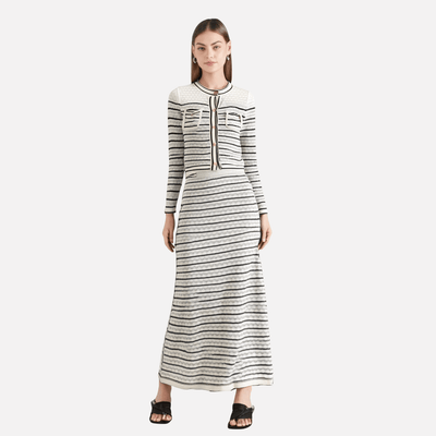 Color blocking striped women's knitted sweater top+striped hollow knitted skirt set for women