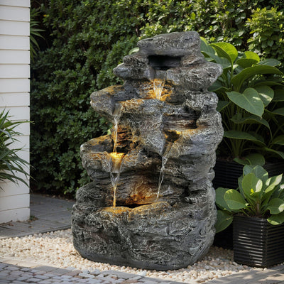 Concrete Rock Waterfall Fountain Outdoor with LED 5 Tier