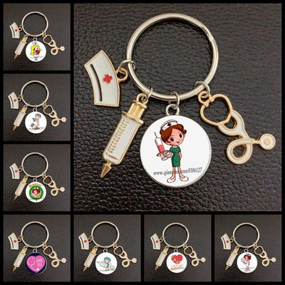 Creative Doctor Keychain Unique Personality Syringe Stethoscope Pendant Keychain Cartoon Colorful Handbag Pendant Keychain Doctor Injection Stethoscope Picture Keychain Round Dome Pendant Women Alloy Keychain