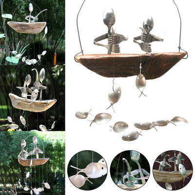 Creative Fishing Man Spoon Fish Sculptures Wind Chime Home Bedroom Painted Fish Mobile Tropical Fish Home Decor Yard Garden Hanging Ornament Decoration