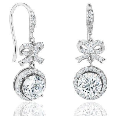 Crystal Bow and Halo Drop Earrings in 18K White Gold