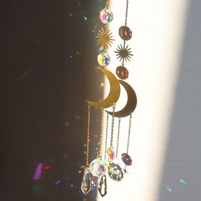 Crystal Wind Chime Star Moon Sun Pendant Indoor Window For Window in Garden Starry Sky Decor Catchers with Crystals Dream Sun Catchers Plated Colorful Beads Hanging Drop for Outdoor Garden Moon Prism