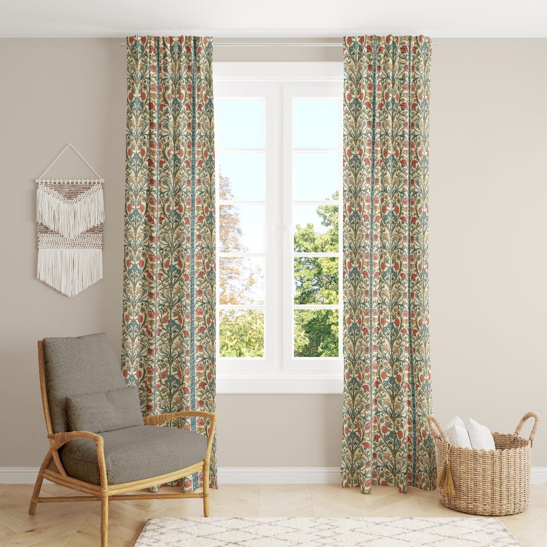Window Curtain Set - Cotton Blend (2 Panels) | Summer Bouquet | William Morris Inspired Collection