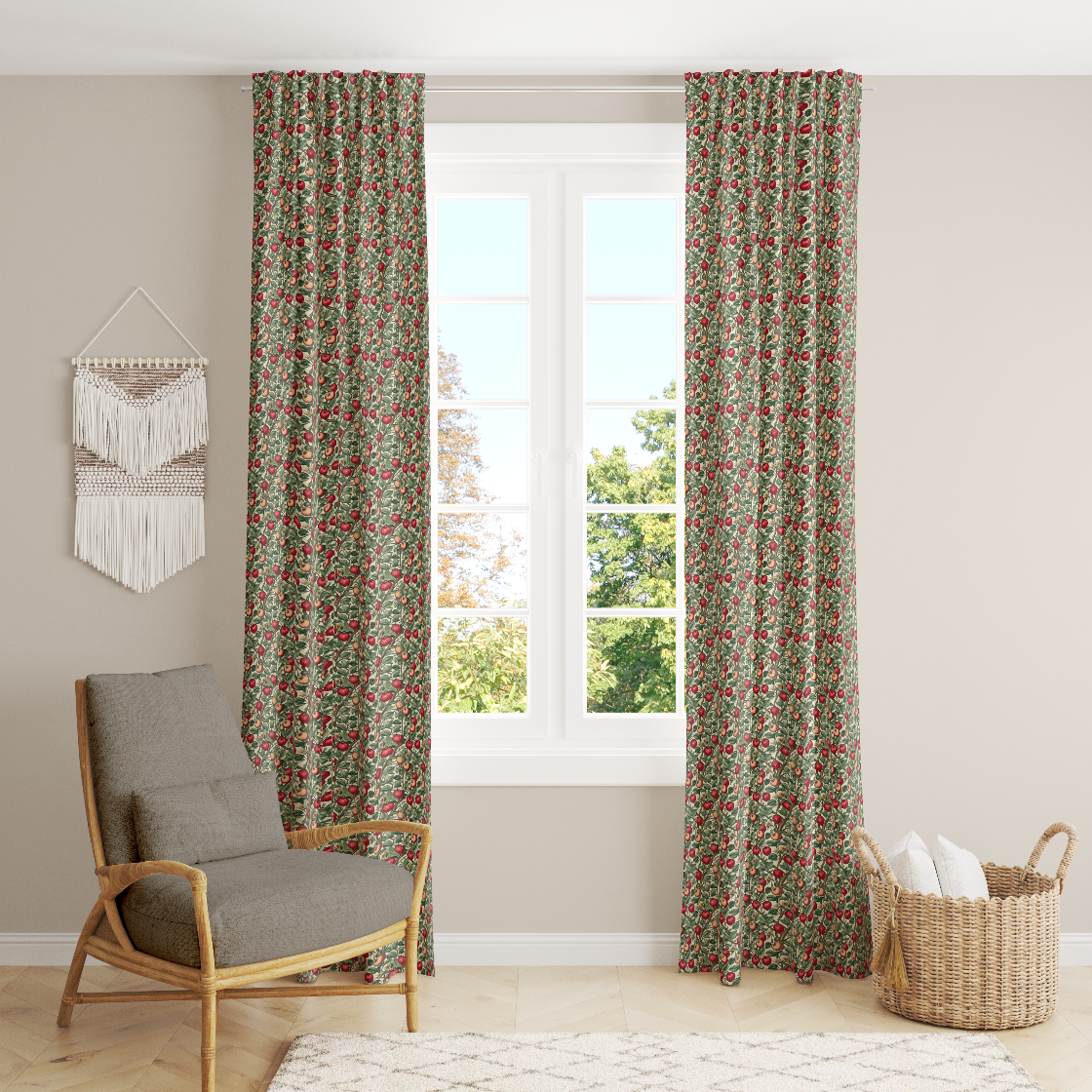Window Curtain Set - Cotton Blend (2 Panels) | Apple | William Morris Inspired Collection