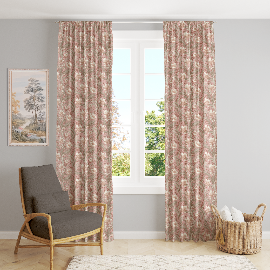 Window Curtain Set - Cotton Blend (2 Panels) | Blush & Grey Floral | William Morris Inspired Collection
