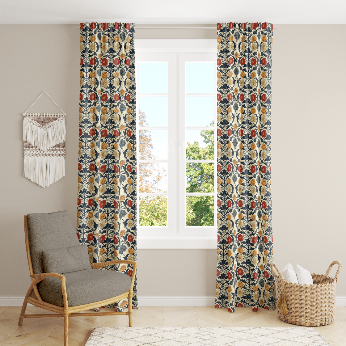 Window Curtain Set - Cotton Blend (2 Panels) | Primary Bouquet | William Morris Inspired Collection