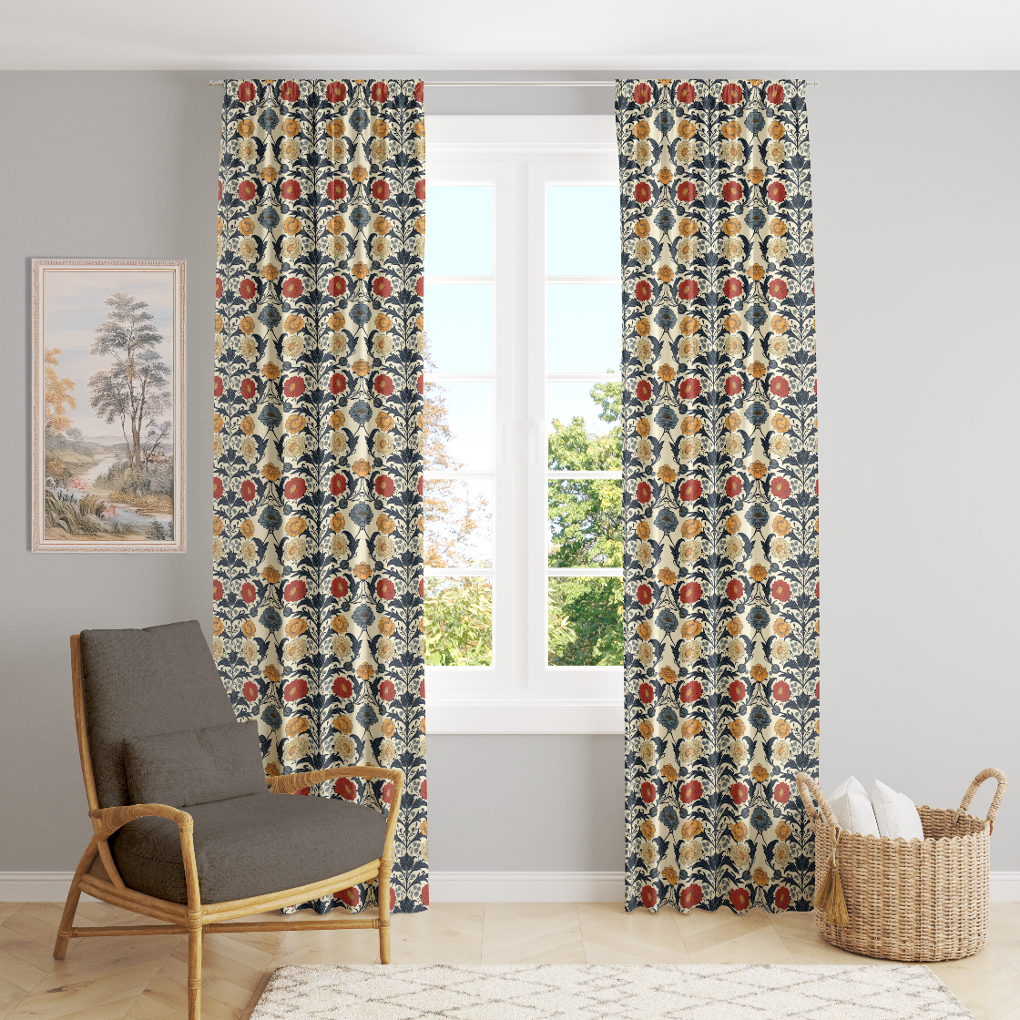 Window Curtain Set - Cotton Blend (2 Panels) | Primary Bouquet | William Morris Inspired Collection
