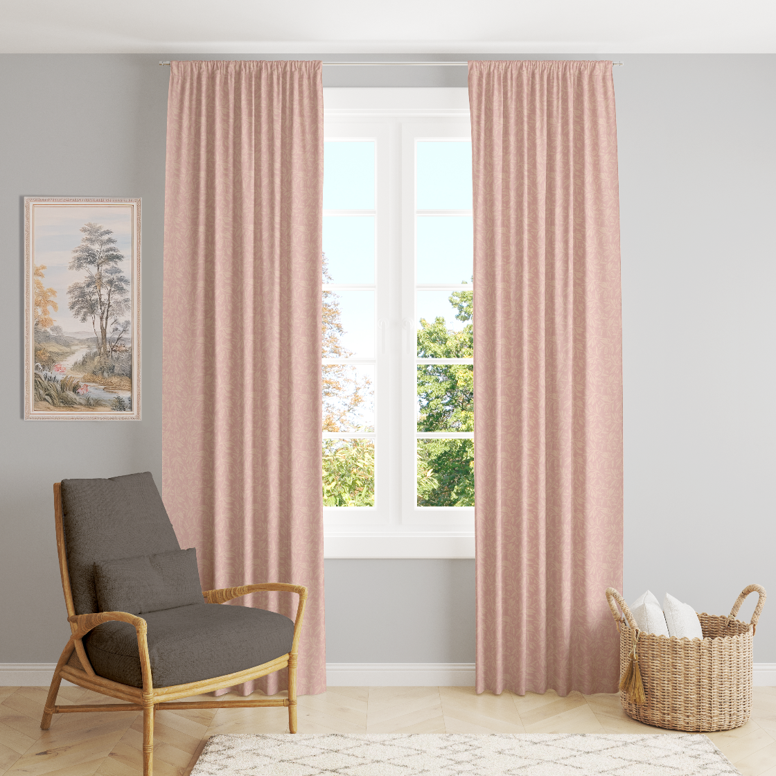 Window Curtain Set - Cotton Blend (2 Panels) | Blush & Grey Floral | William Morris Inspired Collection