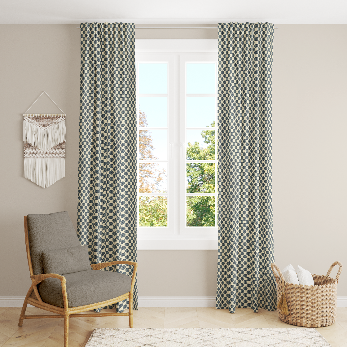 Window Curtain Set - Cotton Blend (2 Panels) | Primary Bouquet | William Morris Inspired Collection