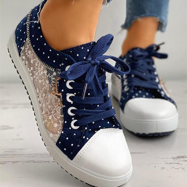 Cute Blue Women Fashion Shoes Summer Casual Design Lace Breathable Platform Flat Woman Sneakers Walking Lace-up Comfortable Walking Footwear Fashion Sneakers