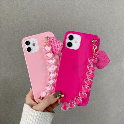 Cute Love Heart Strap Chain Wrist Band Phone Case Bracelet Love-Heart Chain Bracelet Strap Design with Shockproof Soft Back Cover Protective Bumper Case for Women Girls Candy Color Case for iPhone 13 12 11 Pro Soft Cover
