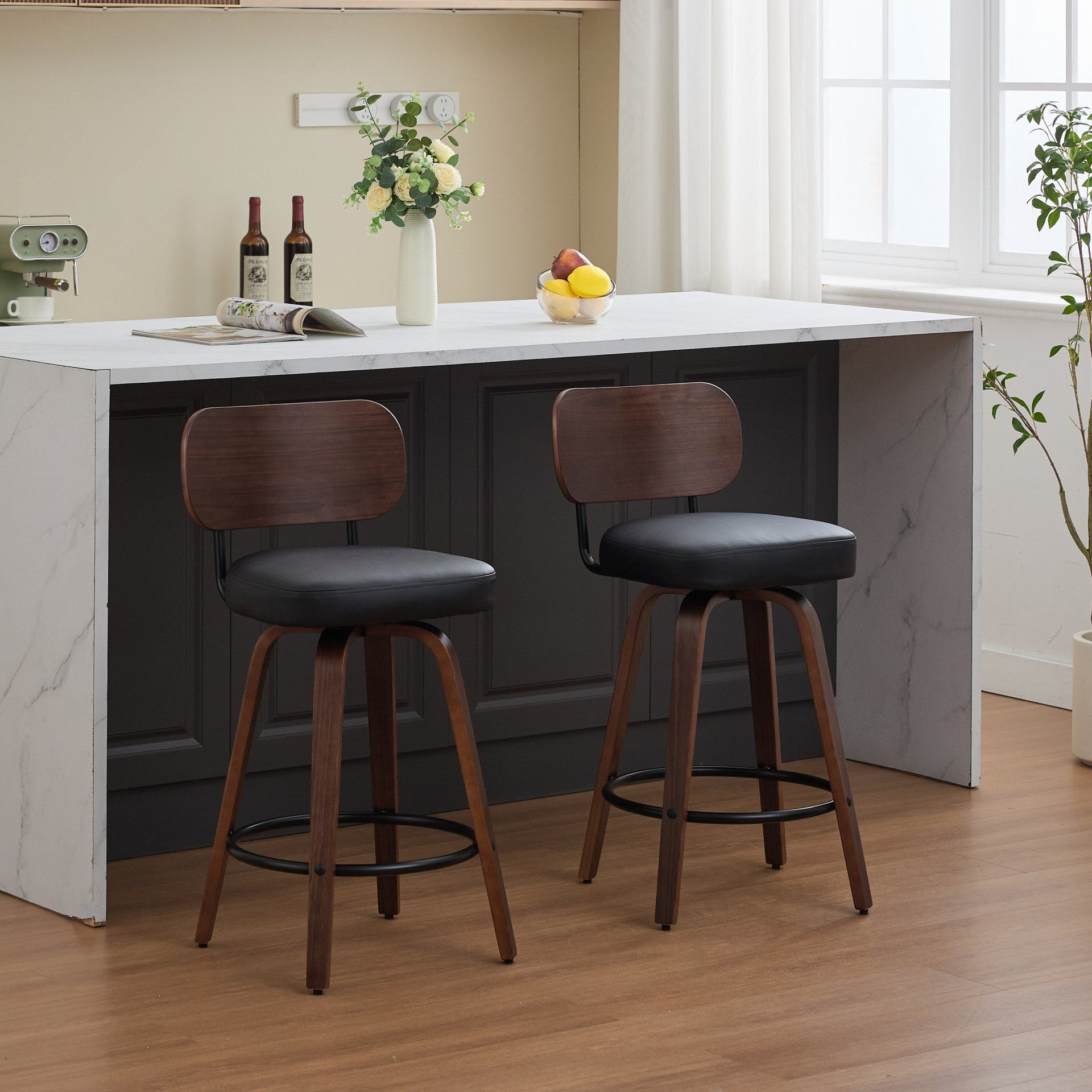 Swivel Bar Stools Set of 2, 26' Upholstered Faux Leather Counter Height Barstools with Walnut Back & Bentwood Legs, Mid Century Modern Bar Chairs Island Stools for Kitchen Counter, Black PU, SW1864BK