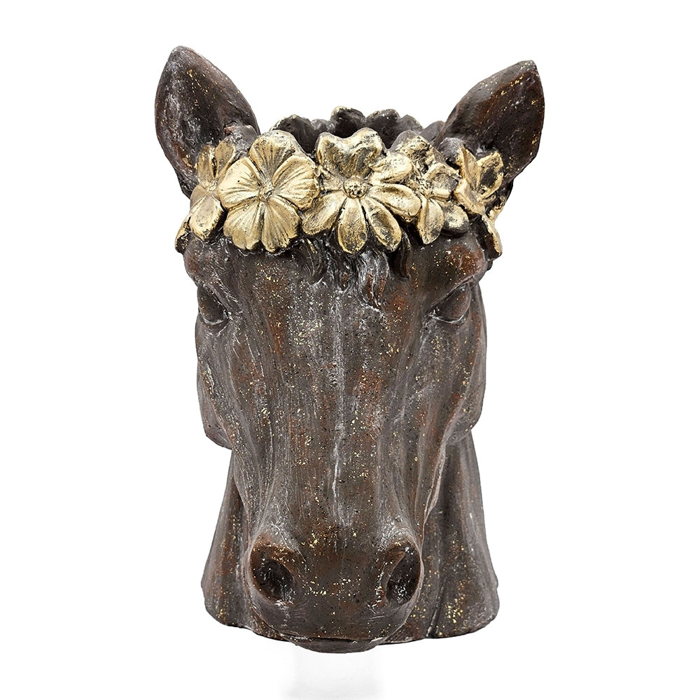 14.5x8.5x13.5' Magnesium Horse Statue Planter with Textured Brown Finish and Gold Leaf Crown