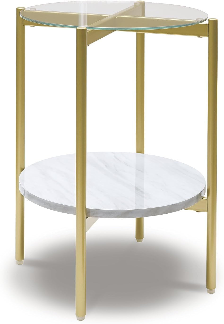 Wynora Contemporary round End Table with Glass & Faux Marble, White & Gold