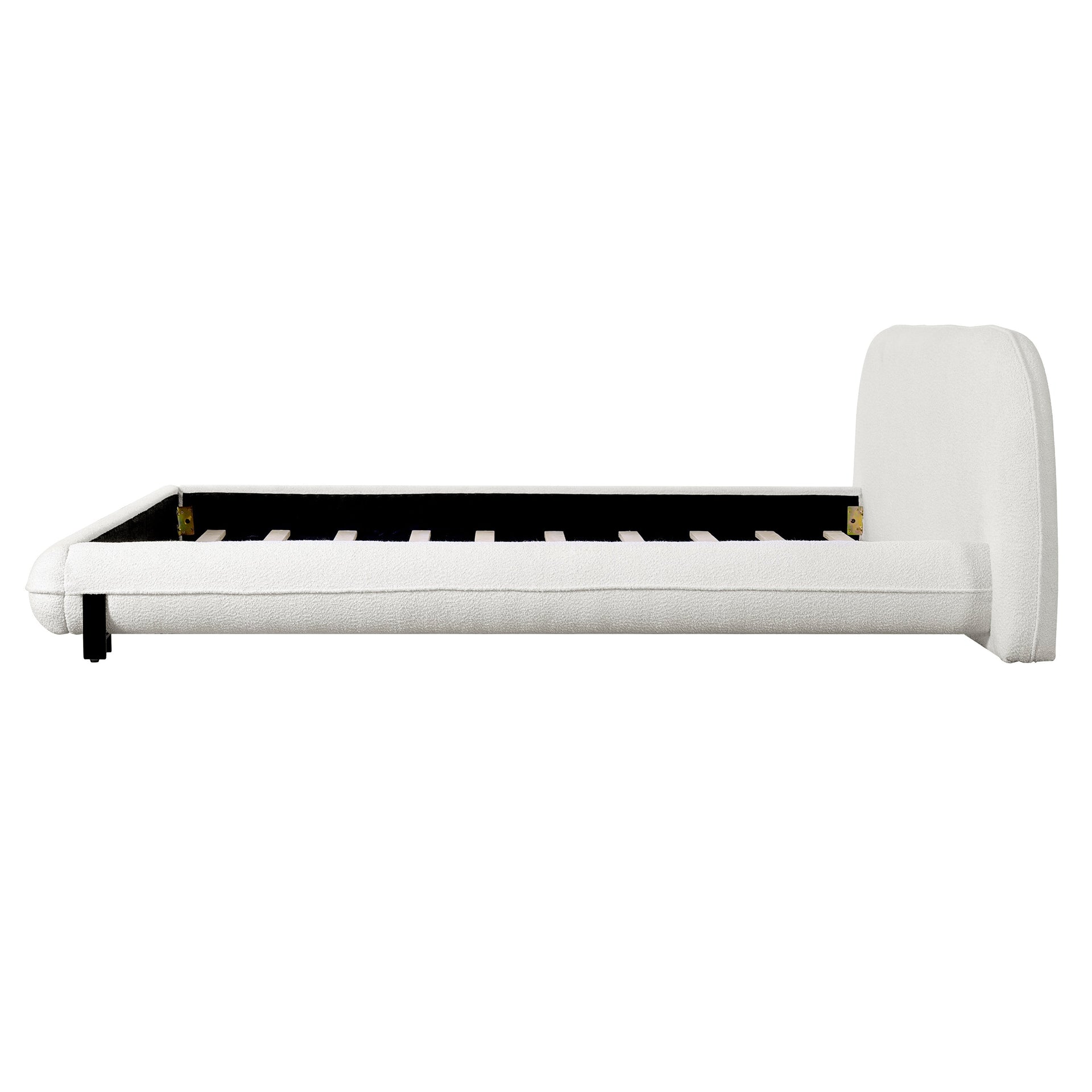 King Size Bed Frame with Boucle Fabric, Upholstered Platform Bed with Curve-Shaped Design & Thick Headboard, White