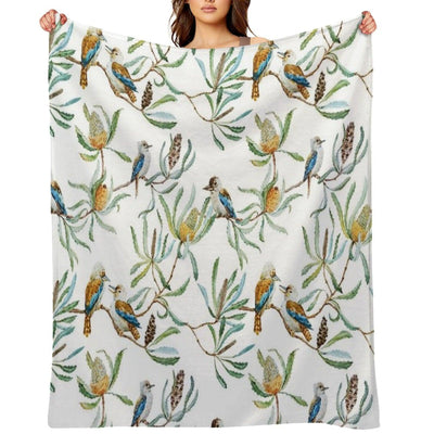 Australian Kookaburras, Waratah Flowers, Leaves Pattern Throw Blanket