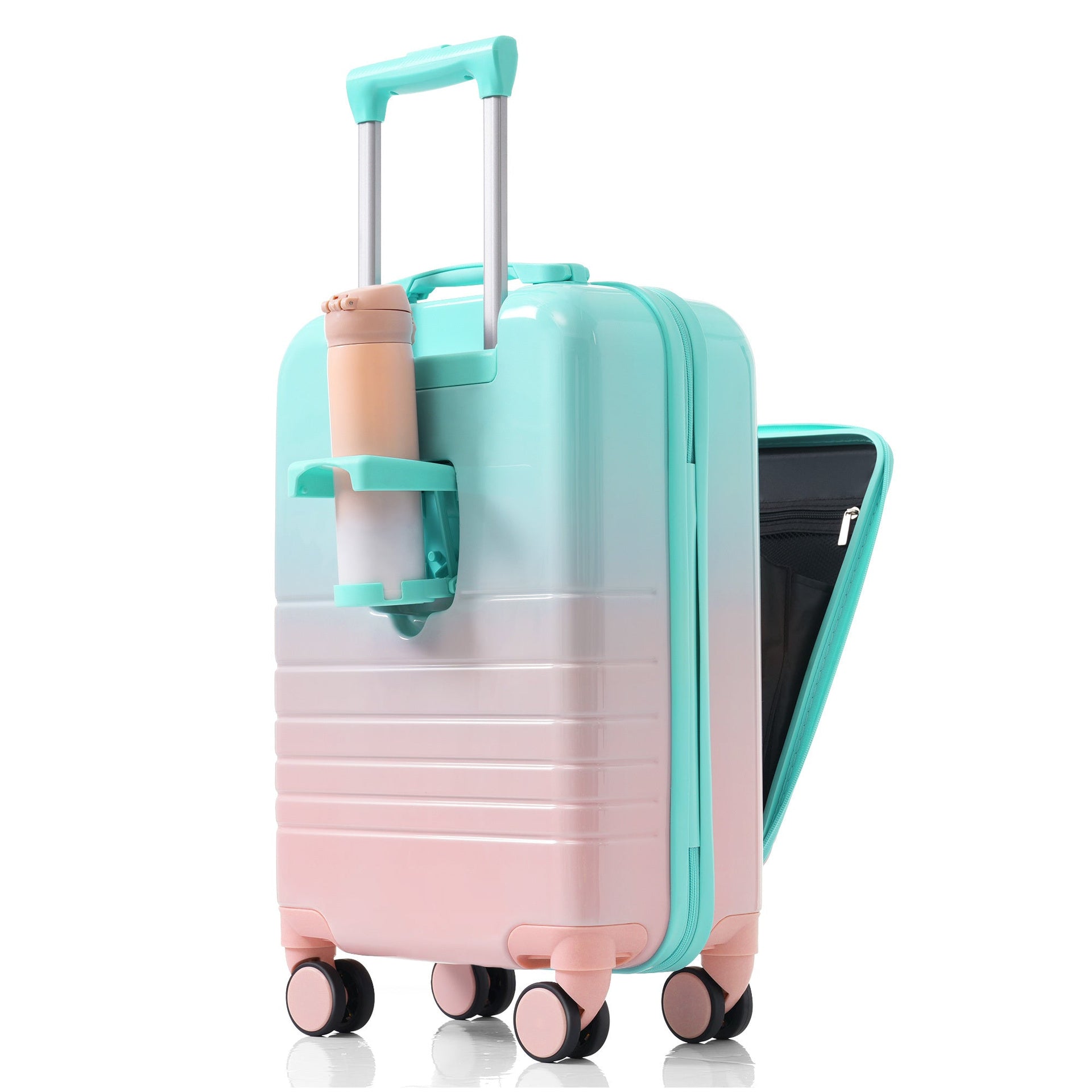 Luggage Set of 3, 20, 24, 28inch with USB Port, 20, 24inch with front opening design Airline Certified Carry on Luggage with Cup Holder, ABS+PC Hard Shell Luggage with Spinner Wheels, light blue