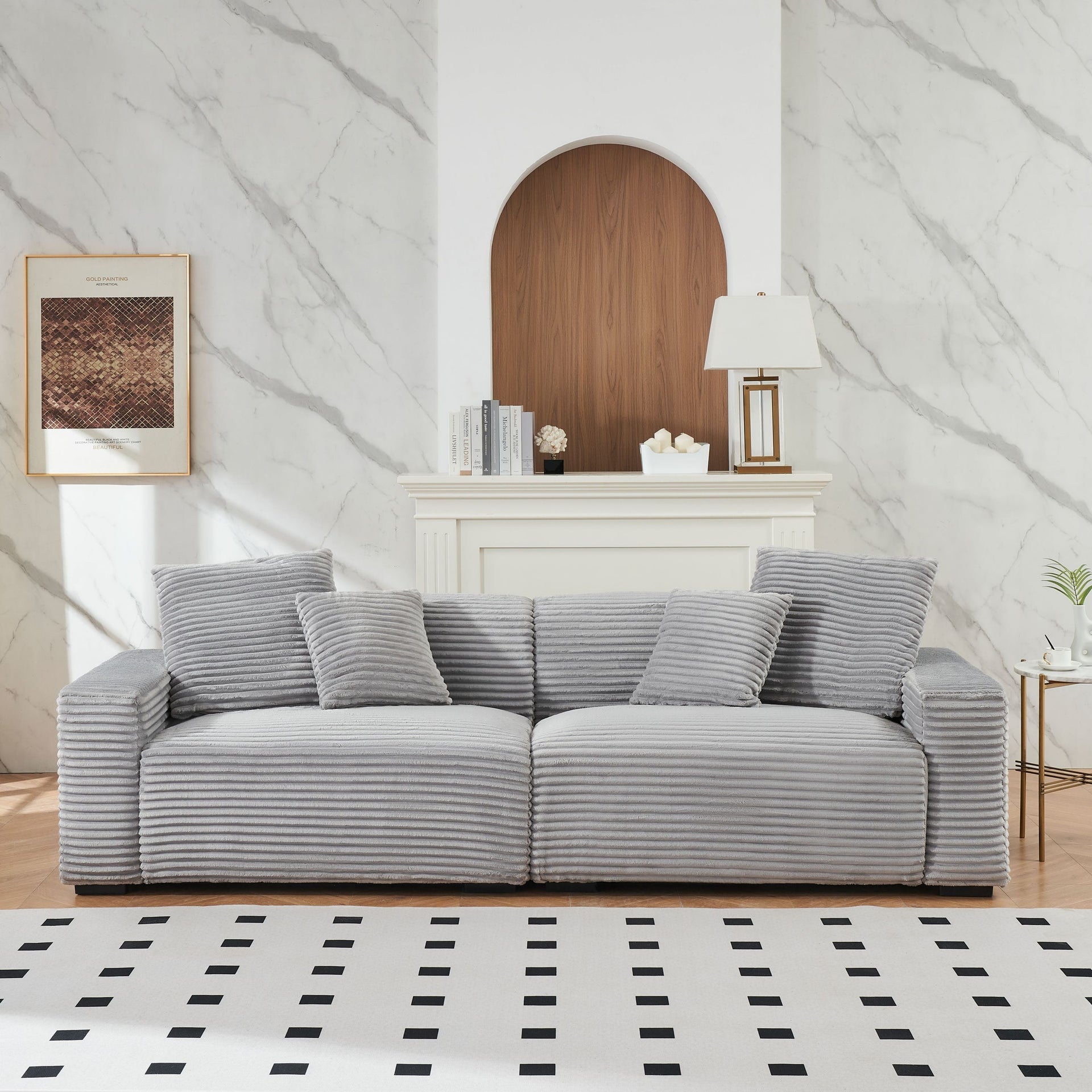 104.72-inch 4-seat large sofa with 4 throw pillows, living room sofa in comfortable corduroy grey fabric