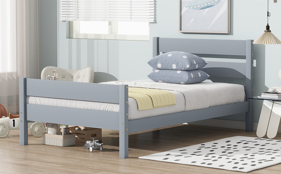 Twin Bed with Headboard and Footboard,Rubber Wood Bed,Grey
