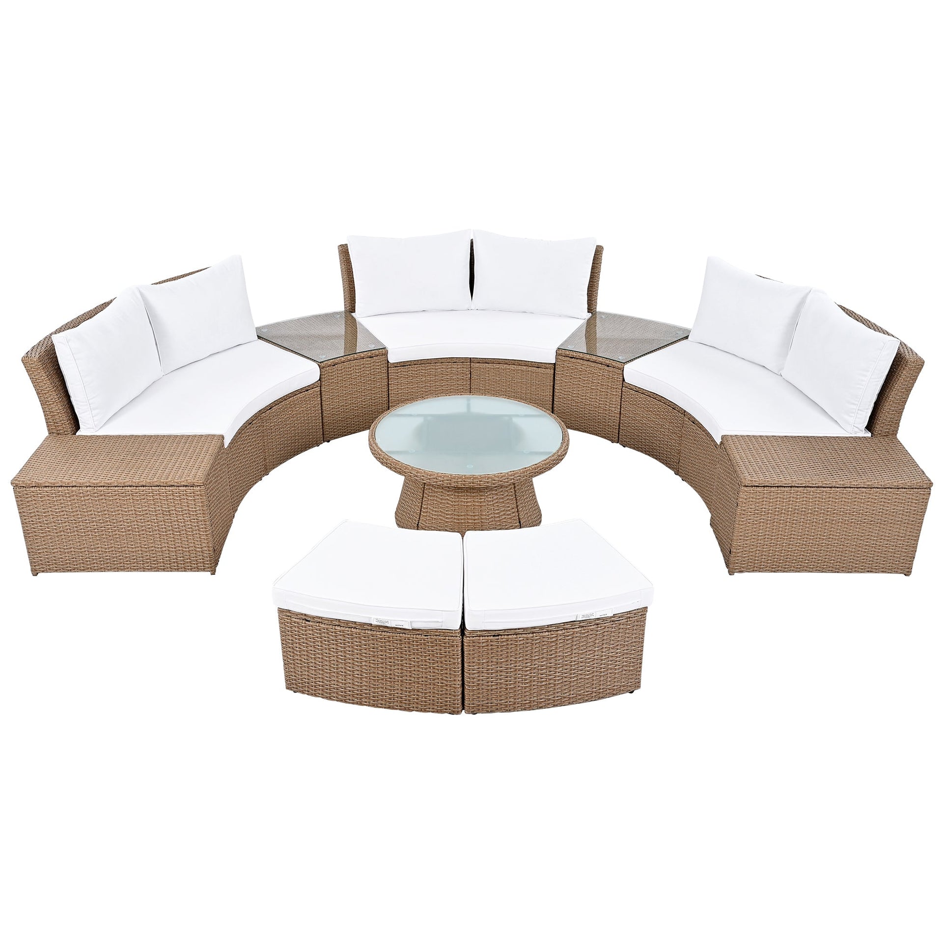 10-Piece Outdoor Sectional Half Round Patio Rattan Sofa Set, PE Wicker Conversation Furniture Set for Free Combination, White