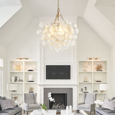 Gold Pendant Chandelier with Threaded Clear Glass Globe Shade for Living, Dining & Kitchen