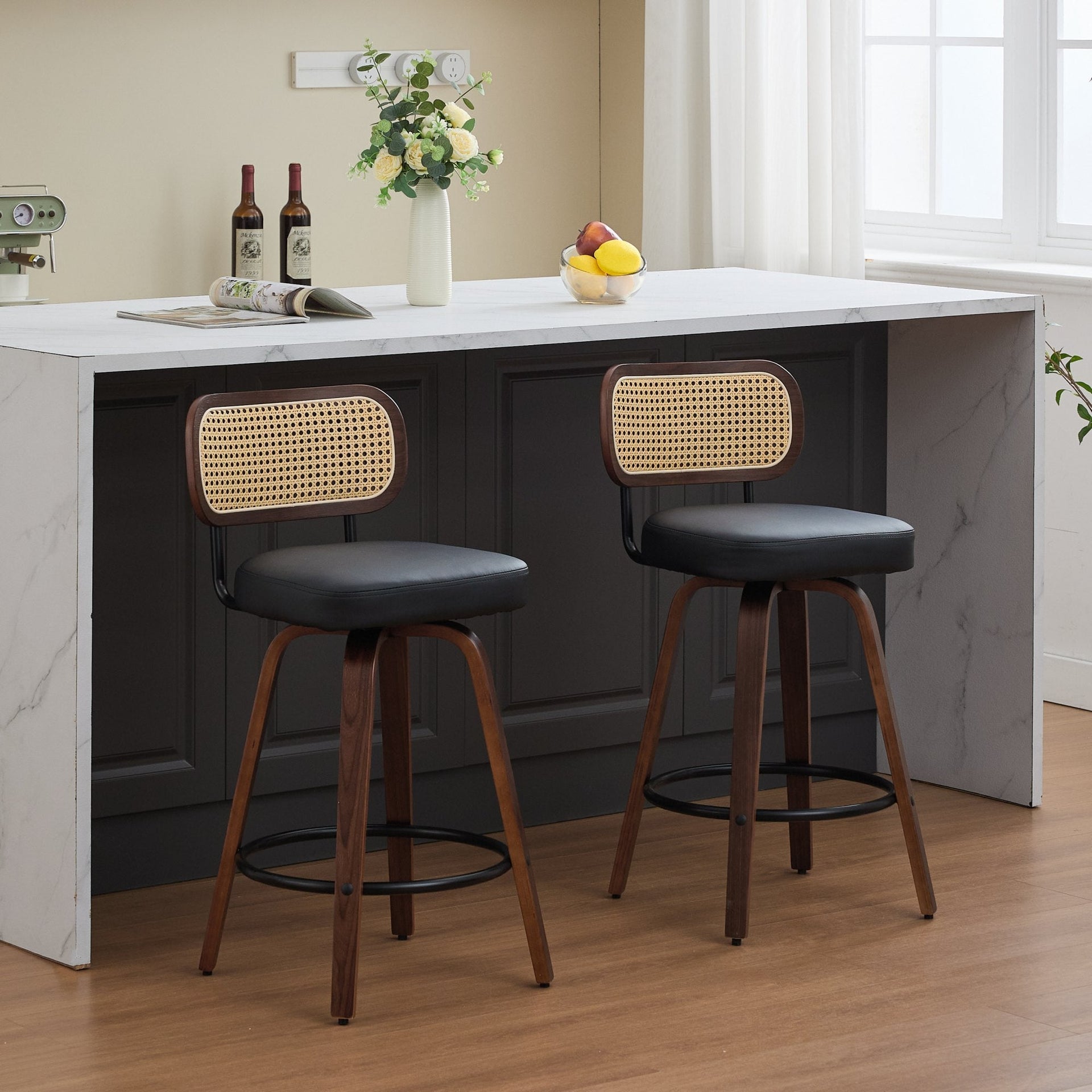 Set of 2 Counter Height Bar Stools - 26 inch Rattan Counter Height Stools with Cane Back, Upholstered Seat, Walnut Craftsmanship, Swivel Counter Stools for Island/Kitchen/Counter/Bar (Walnut Black)
