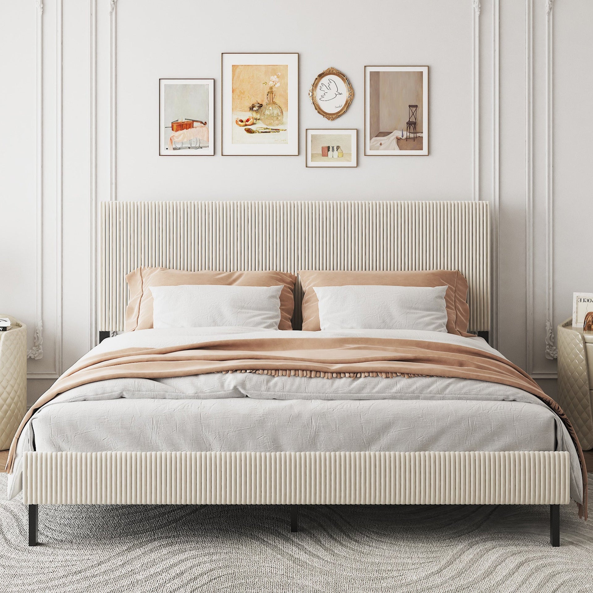 King bed frame with a bandaged headboard is stable and easy to assemble, and the style is simple and elegant,beige