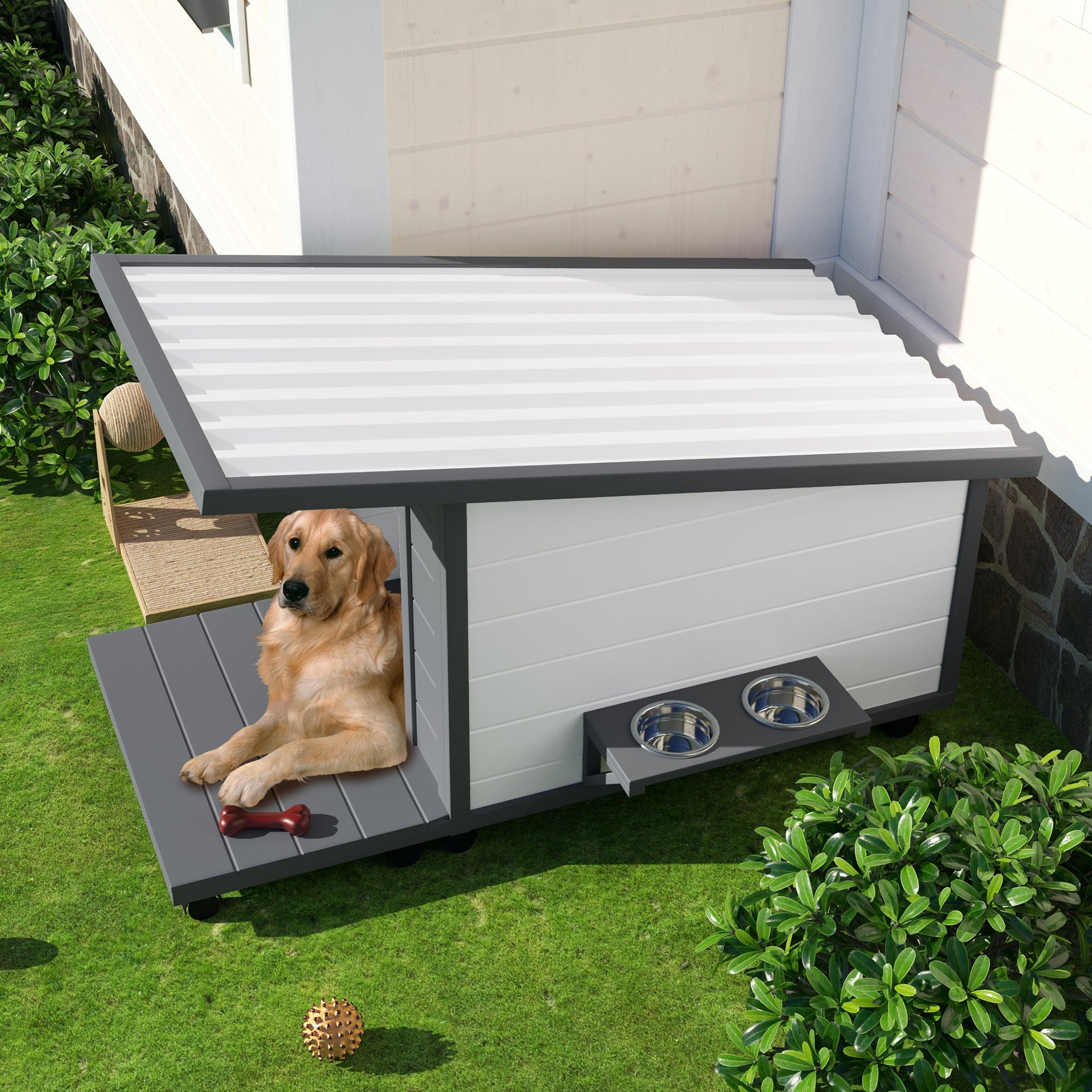 Modern Design Outdoor Dog House with Food Bowl and Wheels, Grey Pine, 44.1 x 22.1 x 28.8 inches