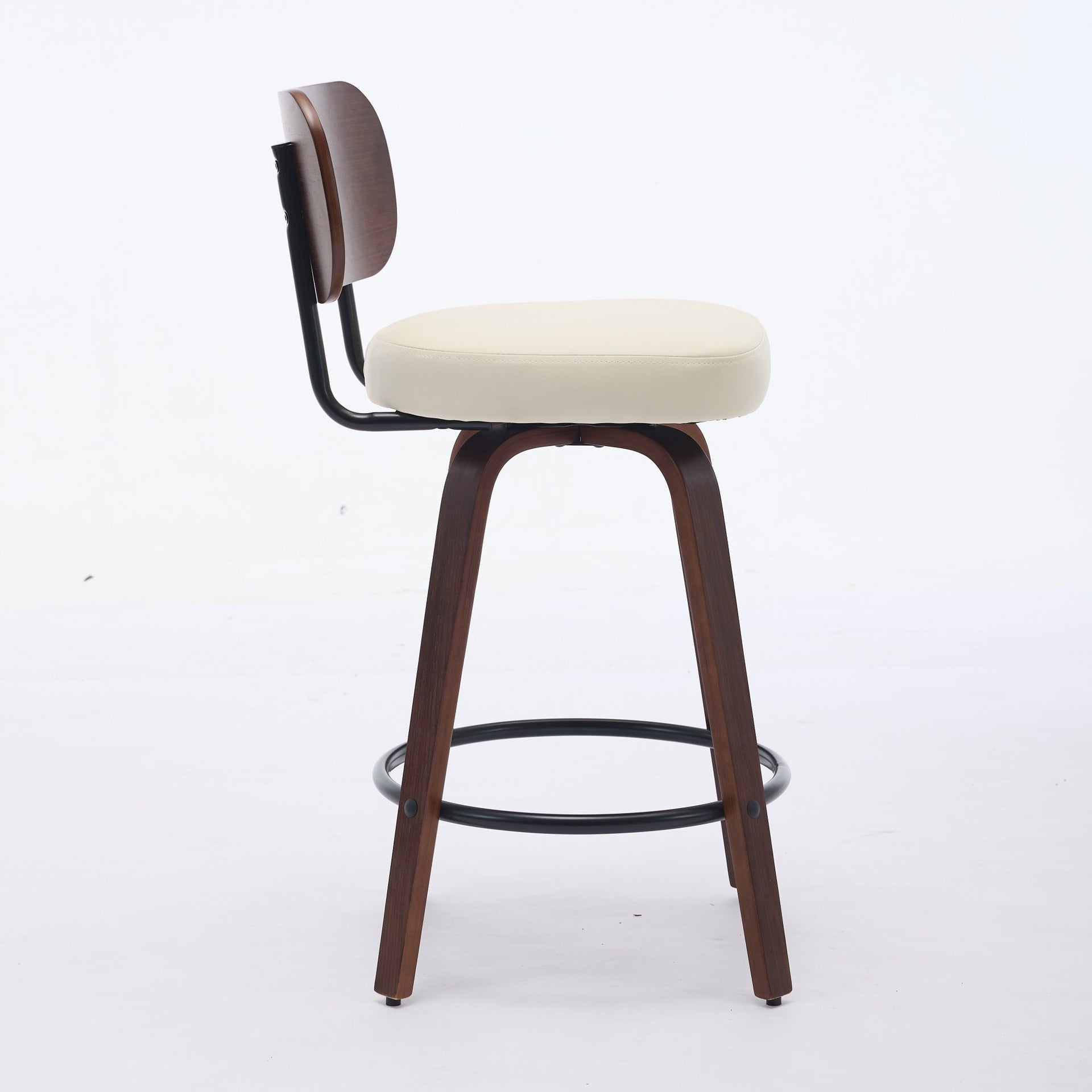 Swivel Bar Stools Set of 2, 26' Upholstered Faux Leather Counter Height Barstools with Walnut Back & Bentwood Legs, Mid Century Modern Bar Chairs Island Stools for Kitchen Counter, Beige PU, SW1864BG