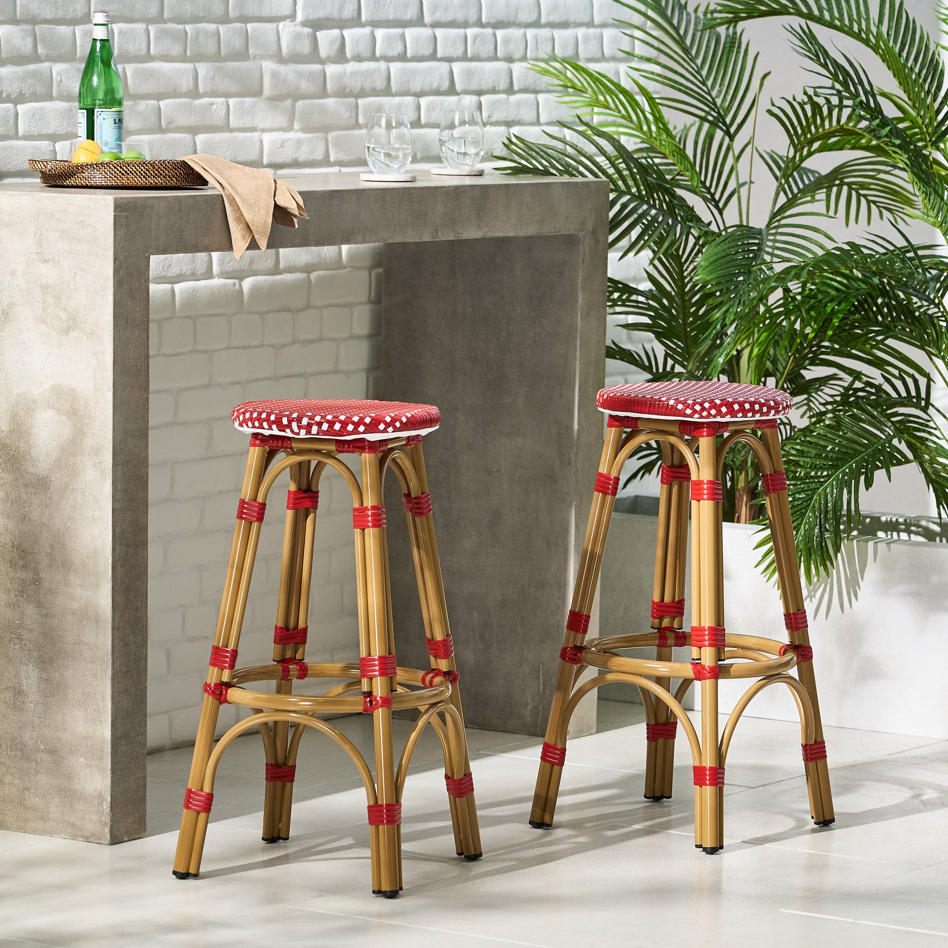 Outdoor PE Ratten and Aluminum 29.5' French Backless Barstools, Set of 2, Red, Bamboo Print Finish