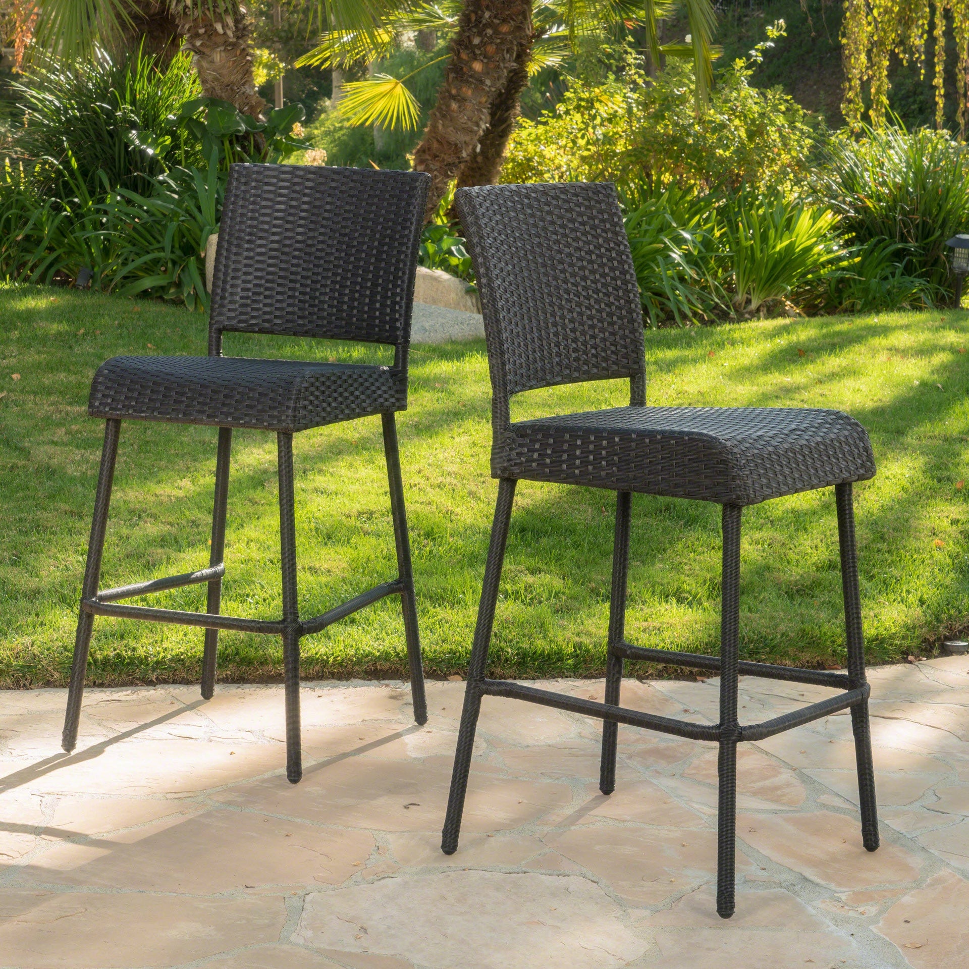 29' Outdoors PE Rattan Armless Barstools, Set of 2, Dark Brown