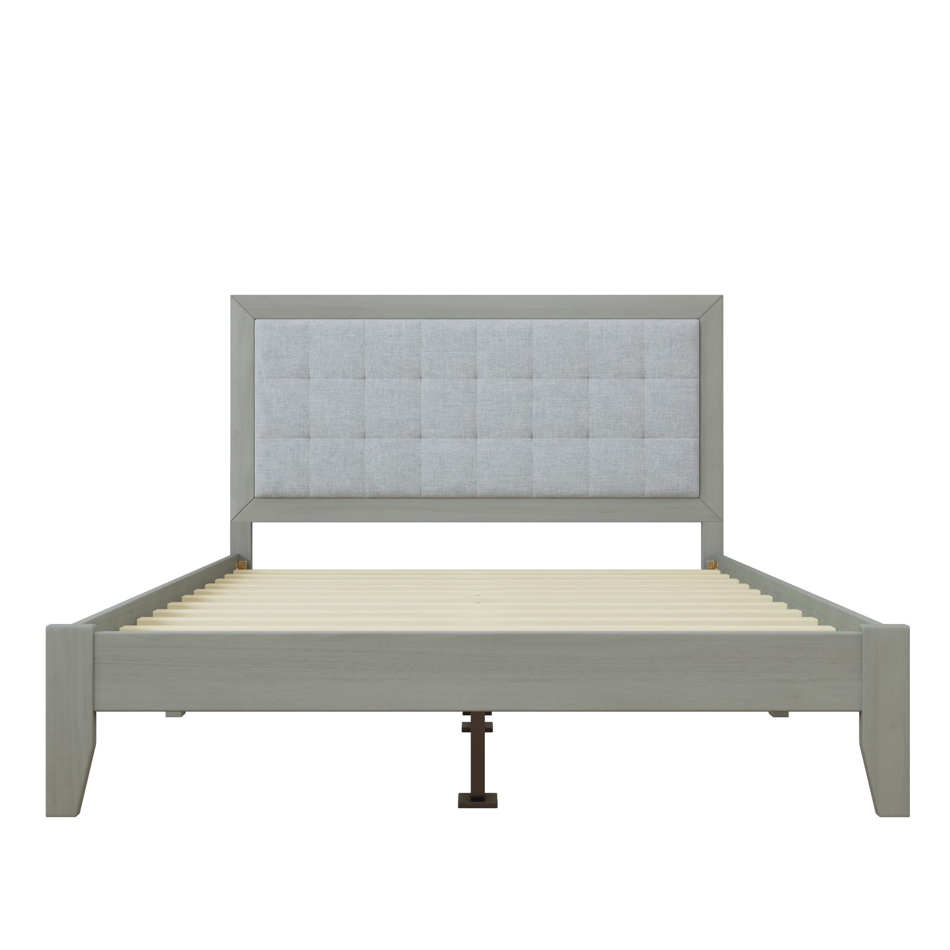Mid-Century Modern Solid Wood Platform Bed with Upholstered Headboard in Grey, Rubber Wood, Queen Size