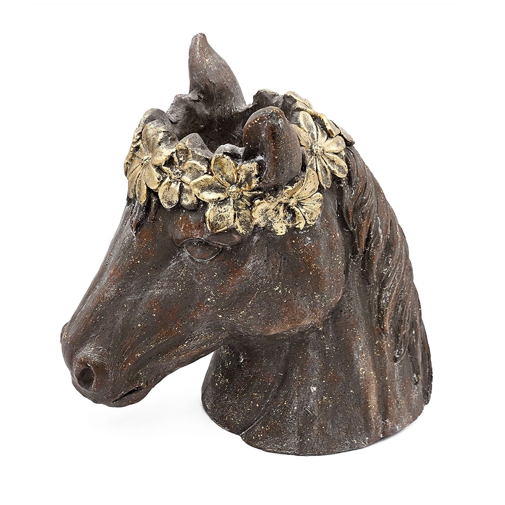 14.5x8.5x13.5' Magnesium Horse Statue Planter with Textured Brown Finish and Gold Leaf Crown