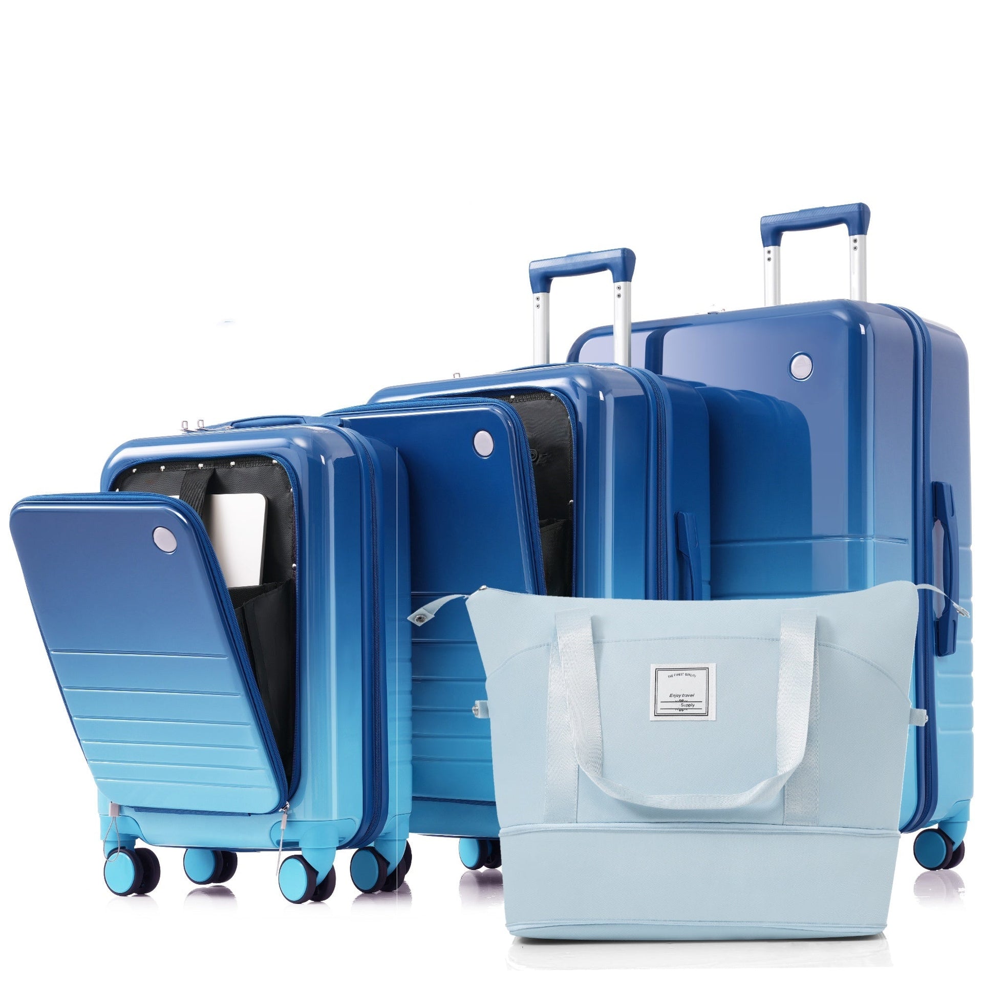 Luggage Set of 4 with USB Port, 20, 24inch with front opening design Airline Certified Carry on Luggage with Cup Holder, ABS+PC Hard Shell Luggage with Expandable Travel Bag, blue