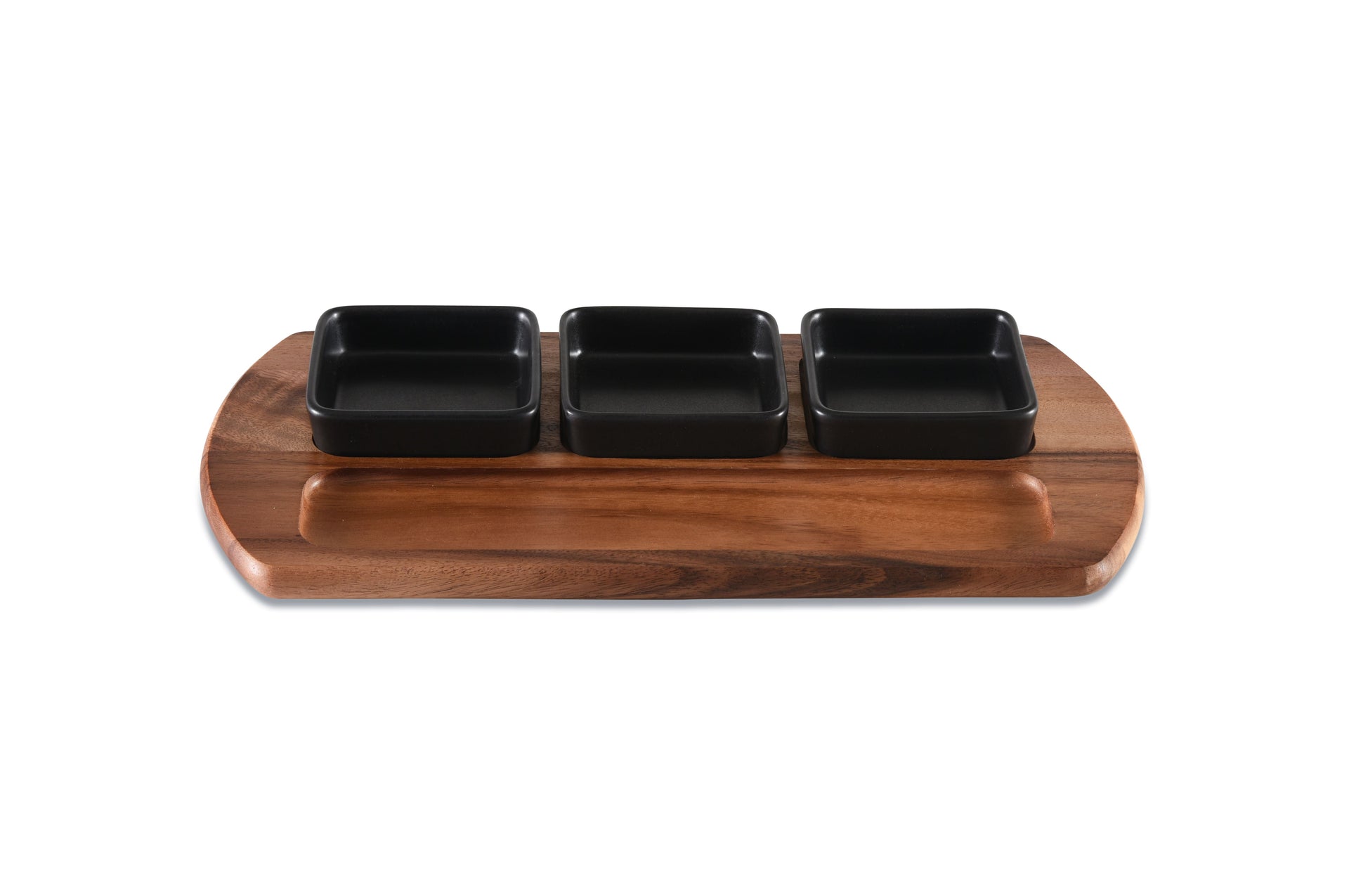 Charcuterie/ Serving Tray w/ 3 black square ceramic bowls 9