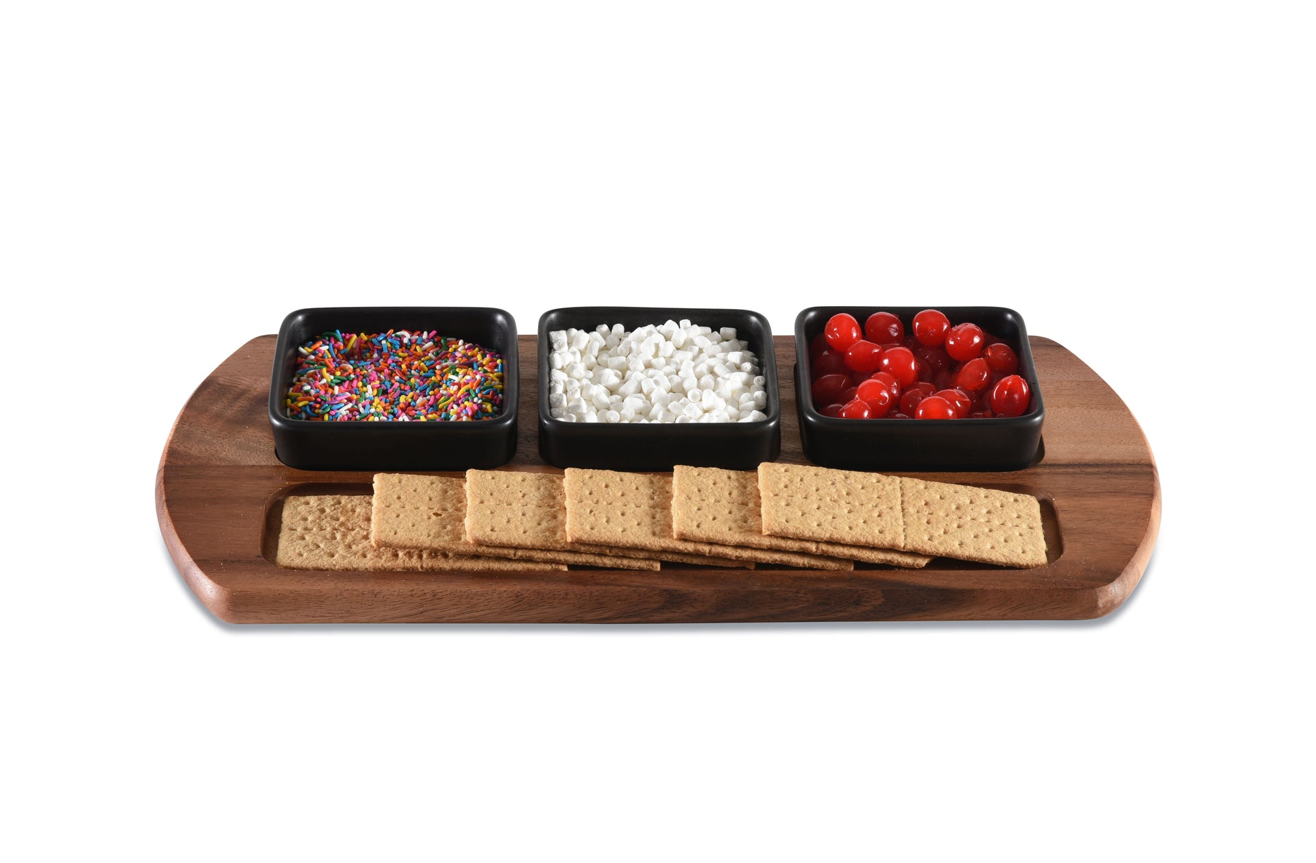Charcuterie/ Serving Tray w/ 3 black square ceramic bowls 9