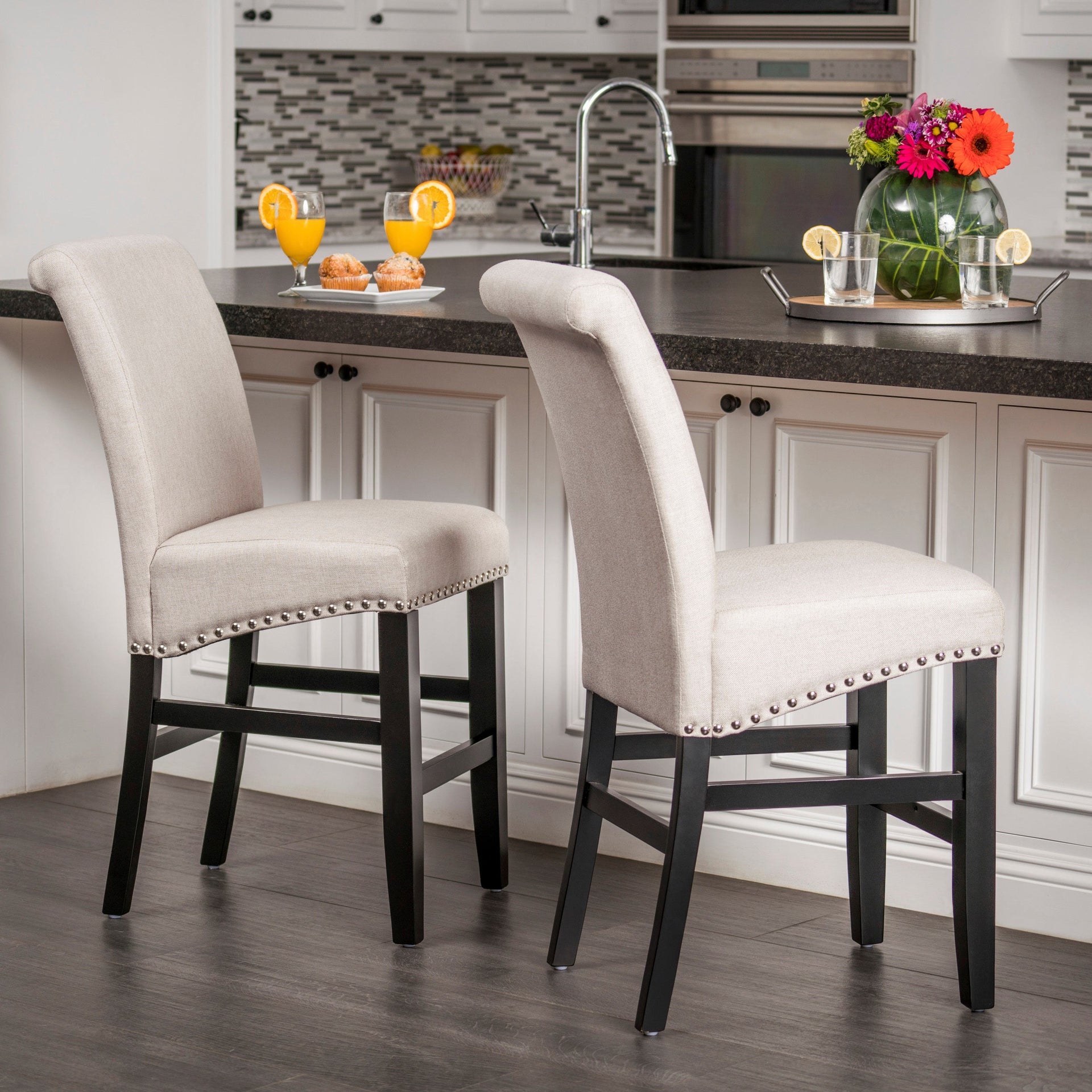 25' Contemporary Upholstered Counter Stools with Nailhead Trim (Set of 2), Wheat/Matte Black, Fabric