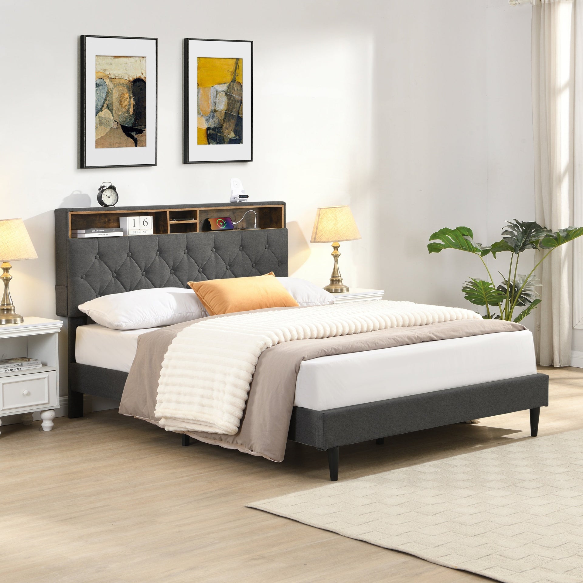 Modern Upholstered King-Size Platform Bed Frame with Button-Tufted Linen Headboard and USB Ports, Dark Grey