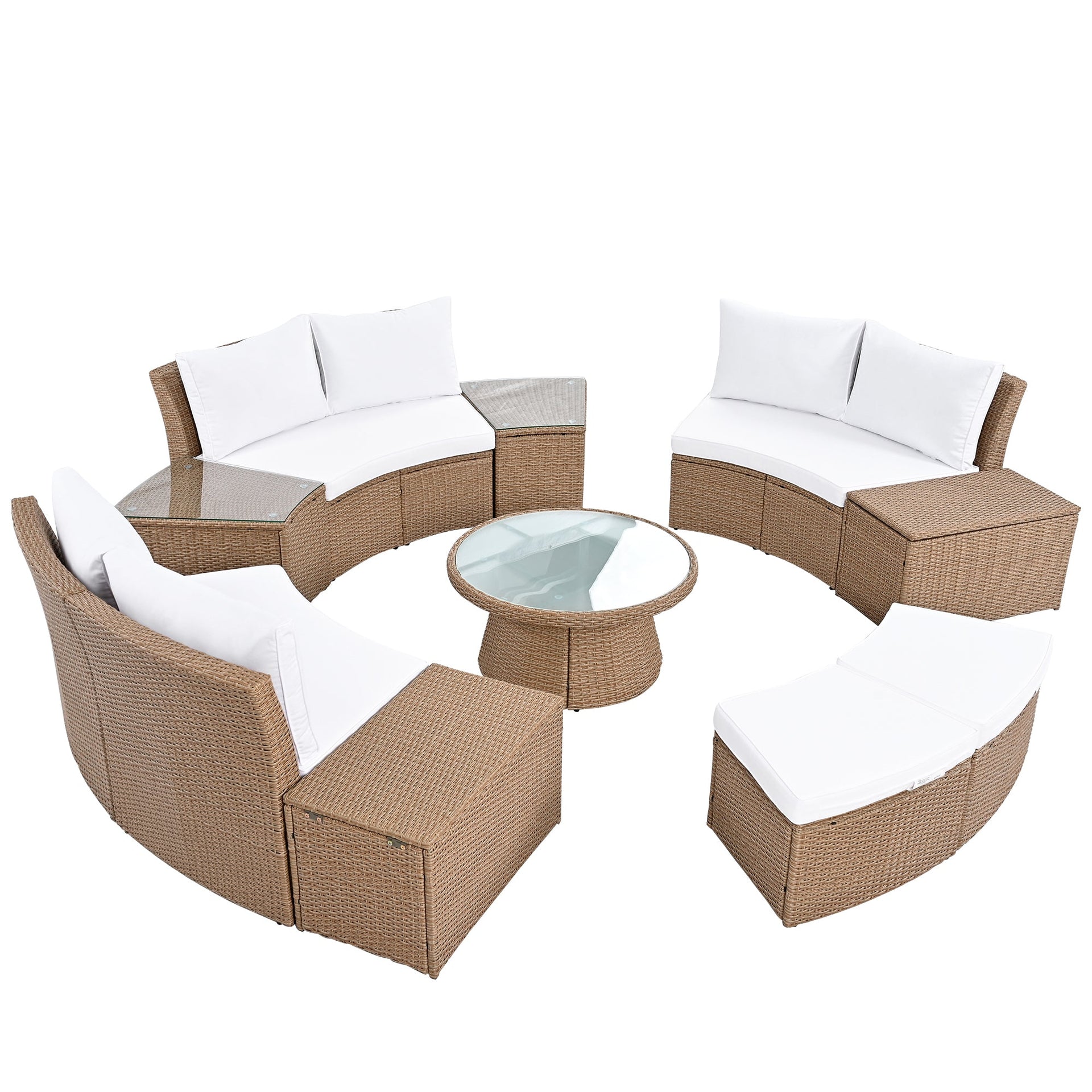 10-Piece Outdoor Sectional Half Round Patio Rattan Sofa Set, PE Wicker Conversation Furniture Set for Free Combination, White